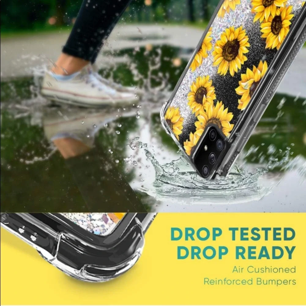 5for$10 Galaxy A71 4G, J7 2017 Bling Liquid Glitter Case Reinforced -Sunflower